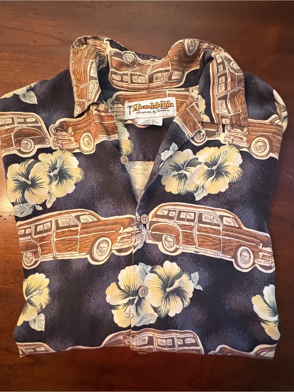 Honolulu Lulu Silk Hawaiian Shirt L Woody Wagon Hibiscus Aloha Camp